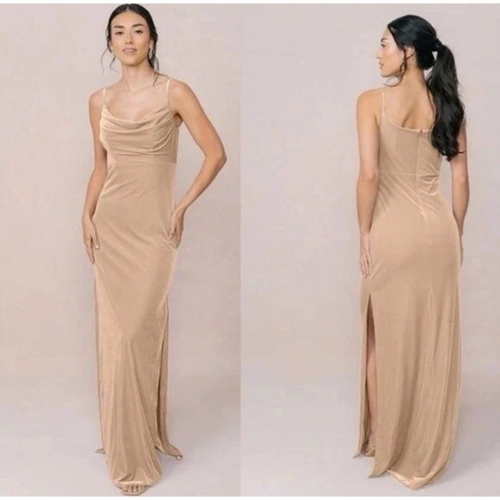 Revelry Skye Velvet Bridesmaid Dress Women's 2 Champagne Cowl Neck Slit Gown